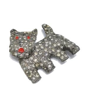 Vintage Scottie Dog Rhinestone Brooch, Movable Head, Pot Metal, 1940s, 1 5/8 In